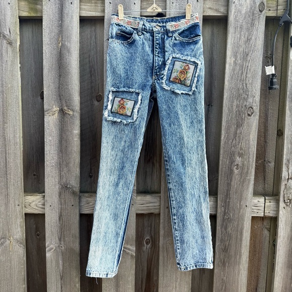 Vintage 90s Body Blue Acid Wash Embroidered Jeans – Boho Patchwork Statement 9 - Picture 1 of 16